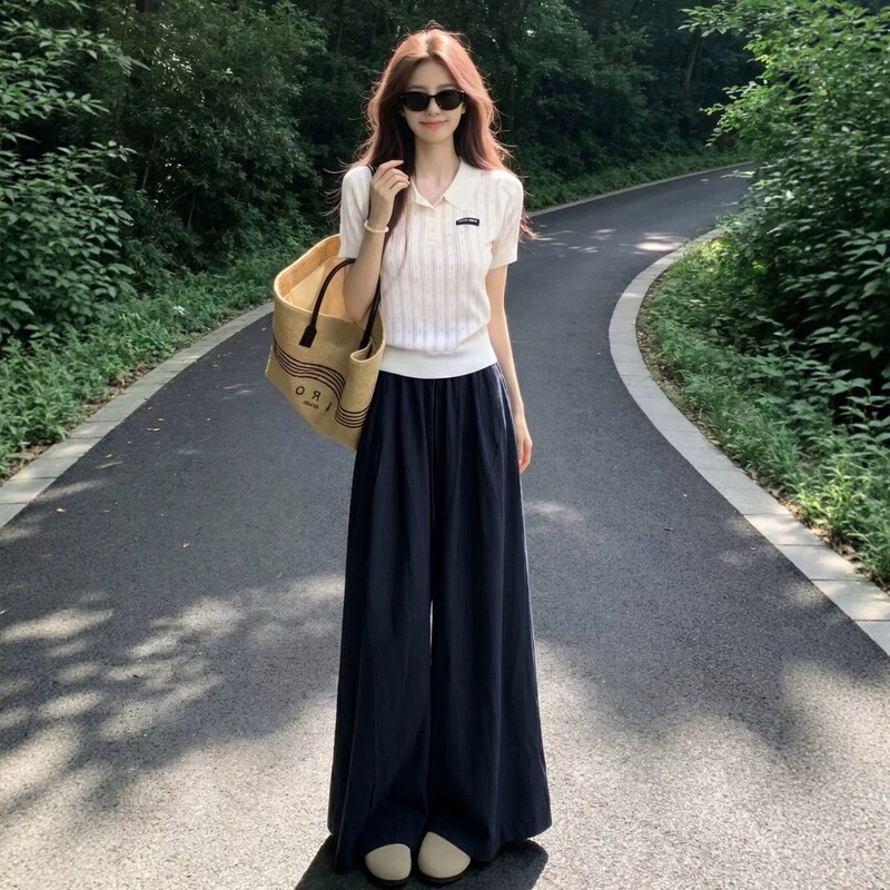 Korean-Style High-End Sportswear Set for Women, Summer Slimming Fashion Polo Collar Short-Sleeve Wide-Leg Pants Casual Two-Piece Trendy Set