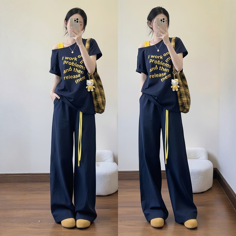 Pure Cotton High-End Sportswear Suit for Women, Summer Loose Fit, Faux Two-Piece, One-Shoulder Short-Sleeve Top and Wide-Leg Pants, Casual Two-Piece Set