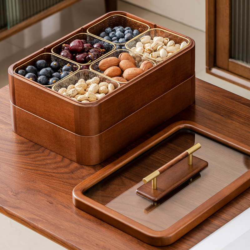 Fruit tray New Chinese solid wood sub-grid dried fruit box nut candy containing box new glass fruit pan Living room Home-Taobao