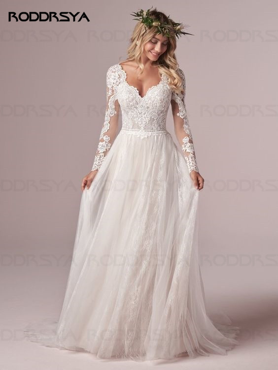 RODDRSYA A Line Long Sleeves Wedding Dresses Lace Bridal Go RODDRSYA A Line Long Sleeves Wedding Dresses Lace Bridal Go
