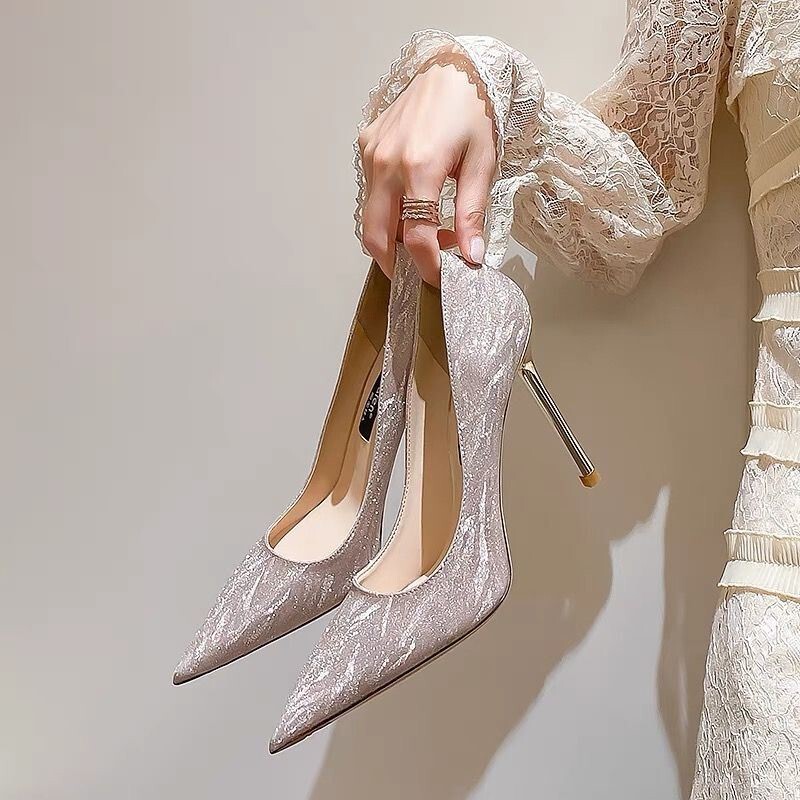 High Heels for Bed, Winter High Heels to Pair with a Coat, Pure Elegance for a Date, Sparkling Versatile Etiquette Pointy-Toe Shoes
