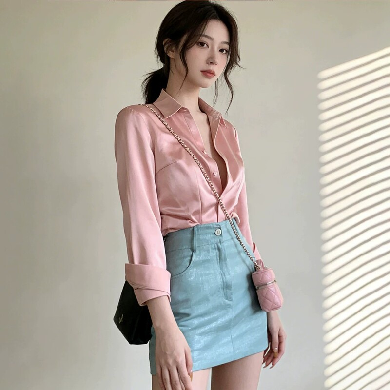 So Pretty! Korean-Style Pink Satin Long-Sleeve Shirt for Women, Autumn Season, Mature Style, Loose and Drapey, Elegant Top, Trendy So Pretty! Korean-Style Pink Satin Long-Sleeve Shirt for Women, Autumn Season, Mature Style, Loose and Drapey, Elegant Top, Trendy