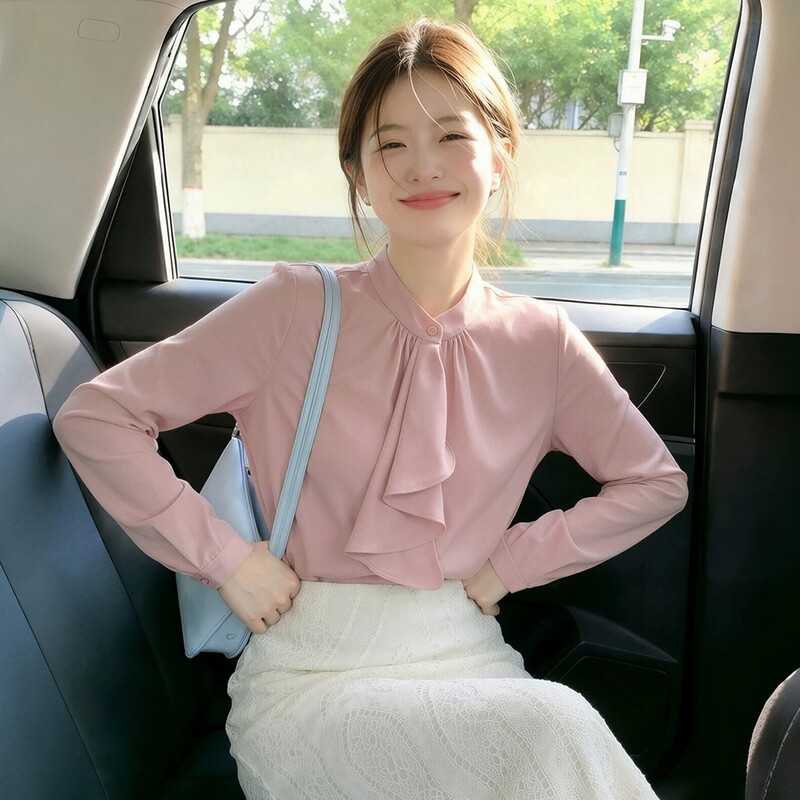 Chao Is a Stunning Choice! Pink Stand-Up Collar Ruffled Satin Shirt for Women, Loose and Drapey, Elegant and Professional Top for Autumn