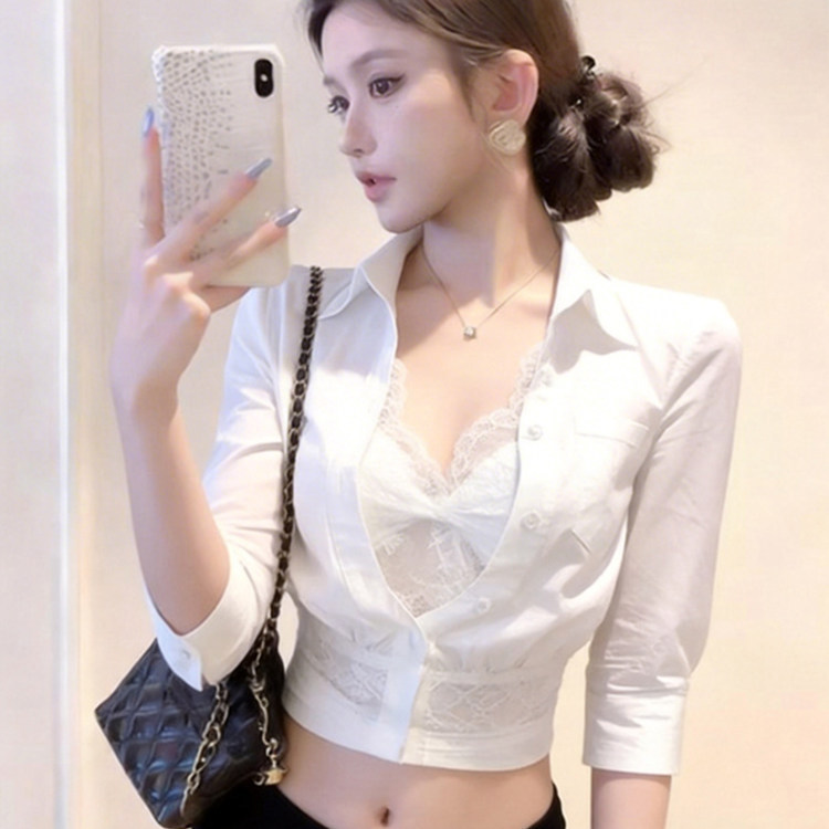 Recommended! White Lace Patchwork Short-Sleeve Blouse for Women, Summer Waist-Cinching Slim-Fit Top for Petite Figures