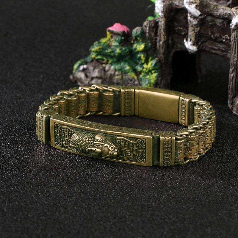 Non-Fading Pure Copper Tibetan-Style Bracelet for Men, All Brass Buddhist Bracelet, Pixiu Fortune-Attracting Watch Bracelet
