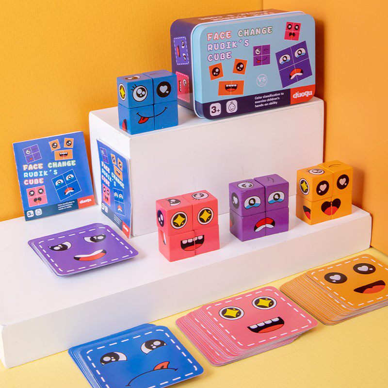 Face-changing building blocks board game children's space thinking early education puzzle Rubik's cube parent-child interactive game smiley wooden toys - Taobao