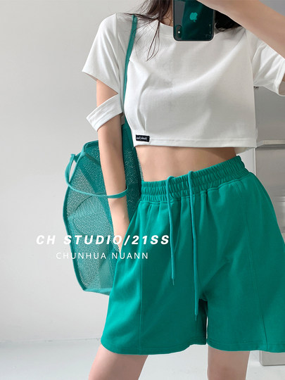 European and american casual sports shorts for women in summer thin drawstring mint mambo style slim and versatile straight-leg five-quarter pants