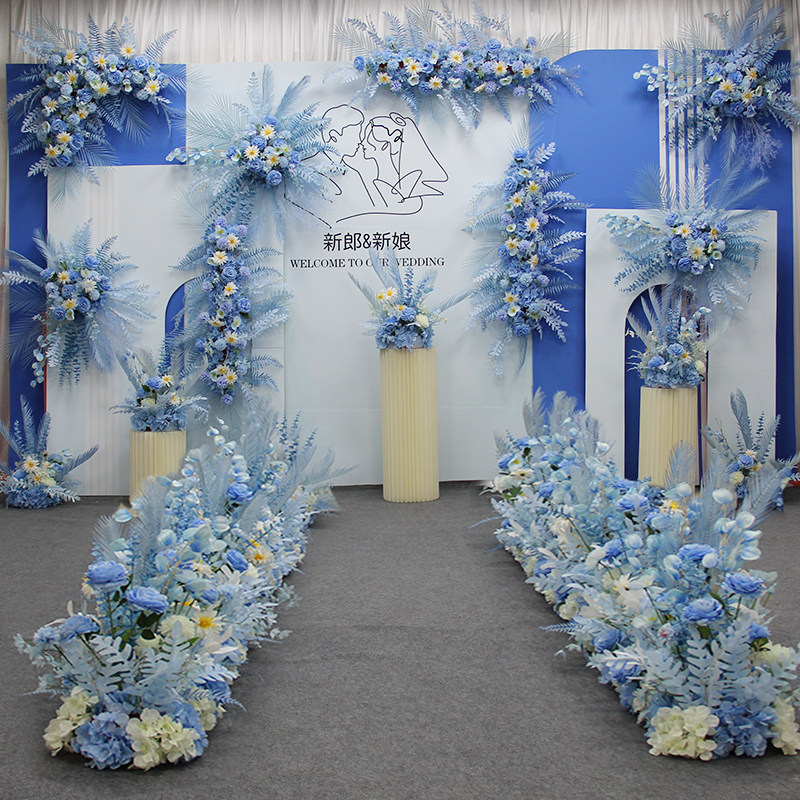 Whole set of blue tie bridal floral feather emulated floral wedding arrangement getaway floral with background hanging flowers-Taobao