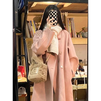High-end pink petite cashmere coat 2023 autumn and winter Korean style Hepburn style woolen coat womens mid-length
