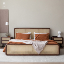 Nordic ins wabi-sabi style solid wood rattan bed Japanese-style hotel apartment bed and breakfast 1 8 meters double designer style simple