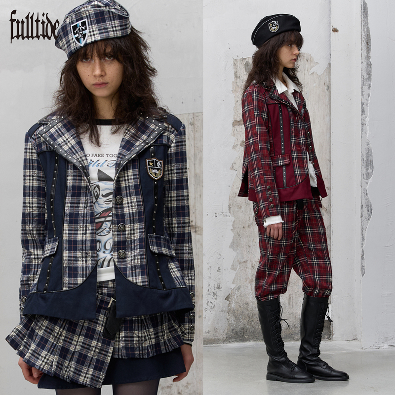Fulltide25Fw Autumn New College Punk Badge Plaid Blazer for Women (Campus Classic Plaid)
