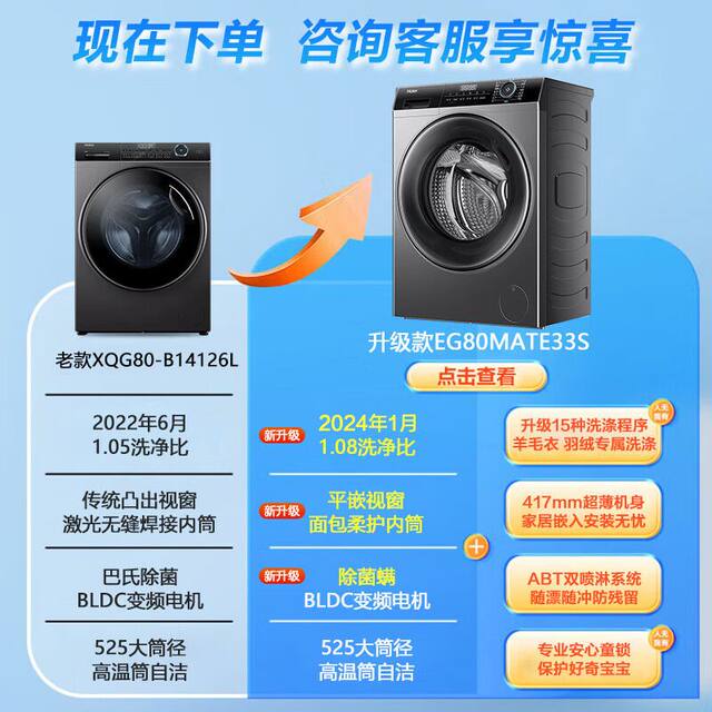 Haier Slim Drum Washing Machine 8kg Household Small Apartment Fully Automatic Frequency Conversion Large Barrel Diameter Eg80Mate33S