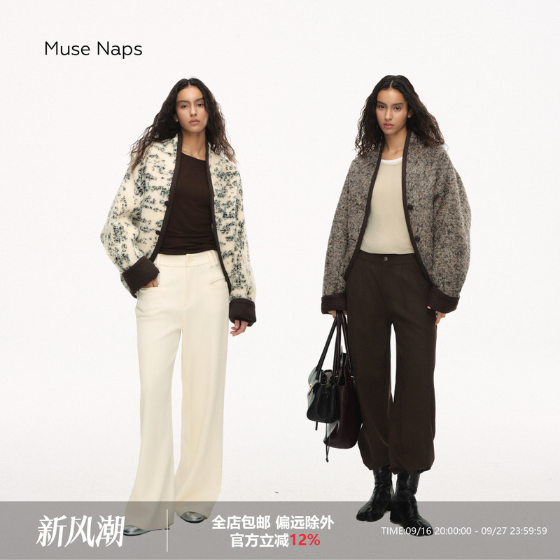 Muse Naps Cocoon-Shaped Wool Blend Woolen Coat with Contrasting Color Batwing Sleeves, Dropped Shoulders, Casual Fur Coat