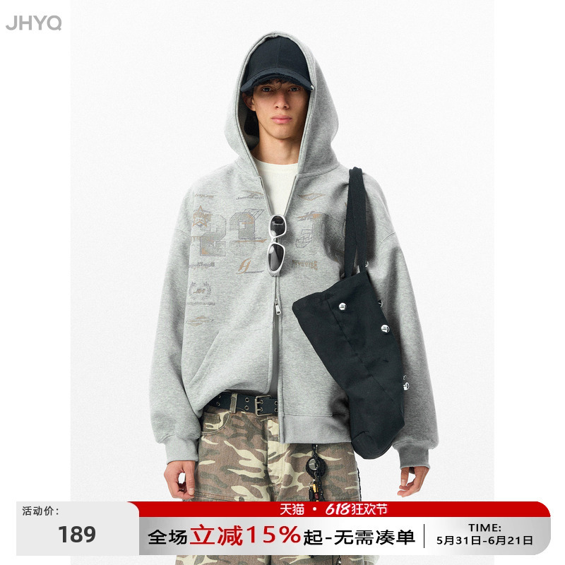 Jhyq Purifying Eyeball Spring and Autumn 400g Sweatshirt Unisex Letter Print Hooded Loose Casual Couple Cardigan Jacket