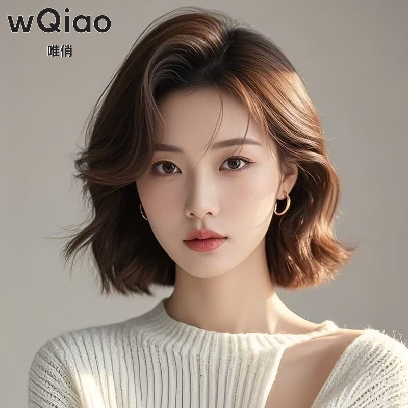 女性用巻き毛ウィッグ、ネットセレブ韓国パーマ、顔型整形フルヘッドセット、本物の人間の毛髪、気質、ナチュラルフルヘッドウィッグセット