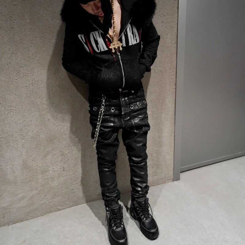 「Sick It Rain」25 Silver Mark Waxed Double-Waist Skinny Jeans