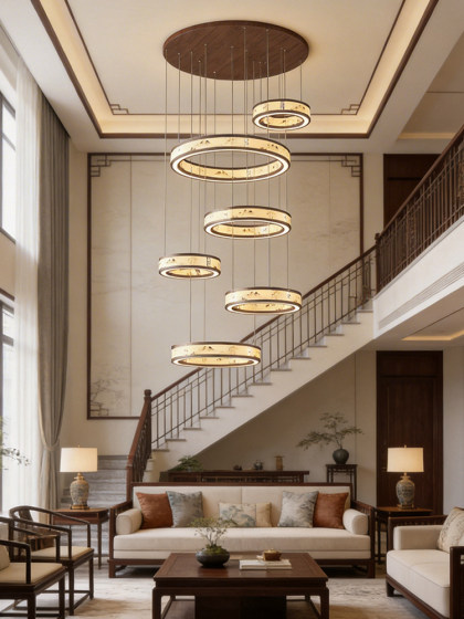Song-Style Aesthetic Villa Suspended Ceiling Chandelier for Living Room, Main Light for Hall, New Chinese-Style Light Luxury High-End Duplex Circular Staircase Light