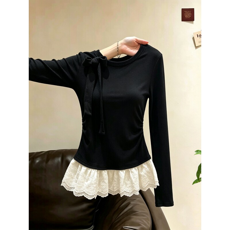 Duor Plus Size Ballet Style Black Bow Long-Sleeve T-Shirt for Women, Autumn Lace Hem Base Shirt Top for Chubby Girls