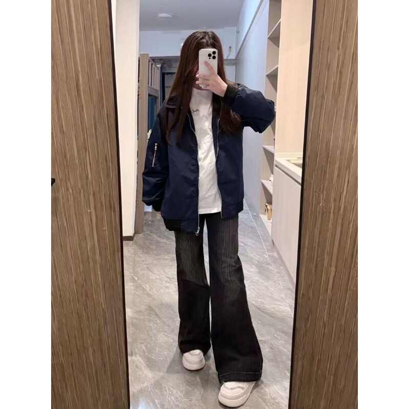American Retro Navy Blue Flight Jacket 2026 Autumn Coat for Women Loose Zipper Baseball Jacket Casual Versatile Jacket American Retro Navy Blue Flight Jacket 2026 Autumn Coat for Women Loose Zipper Baseball Jacket Casual Versatile Jacket