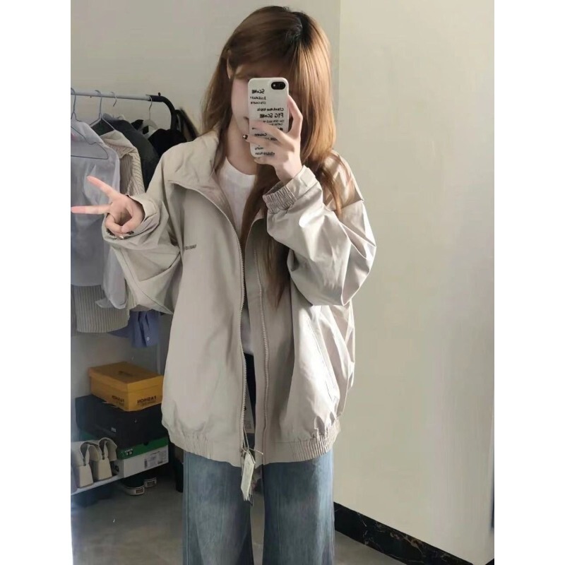 Apricot Color Lapel Jacket Spring and Autumn 2026 New Style Windbreaker Jacket for Women, Loose and Versatile, Suitable for Students and Couples, Zip-Up Jacket