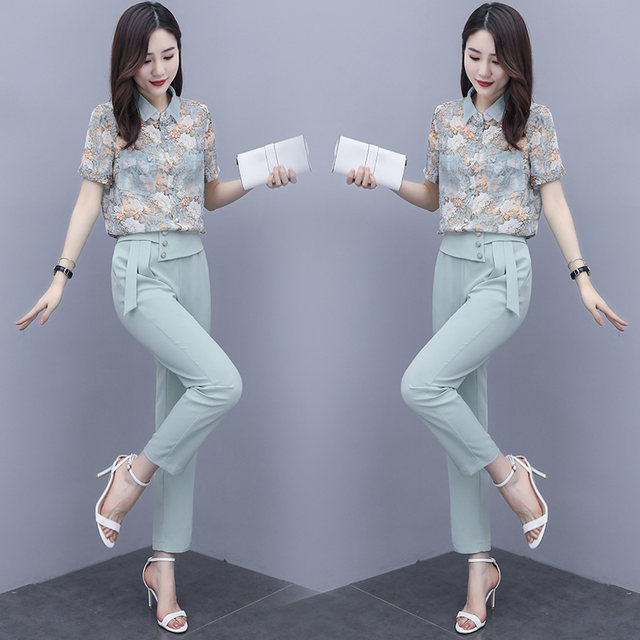 Chiffon shirt suit two-piece suit royal sister temperament 2022 new summer fashion professional women's pants casual foreign style