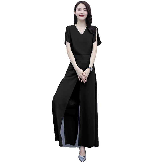 Chiffon falling feeling wide-leg pants suit women's summer 2023 new summer women's temperament one-piece trousers two-piece set tide