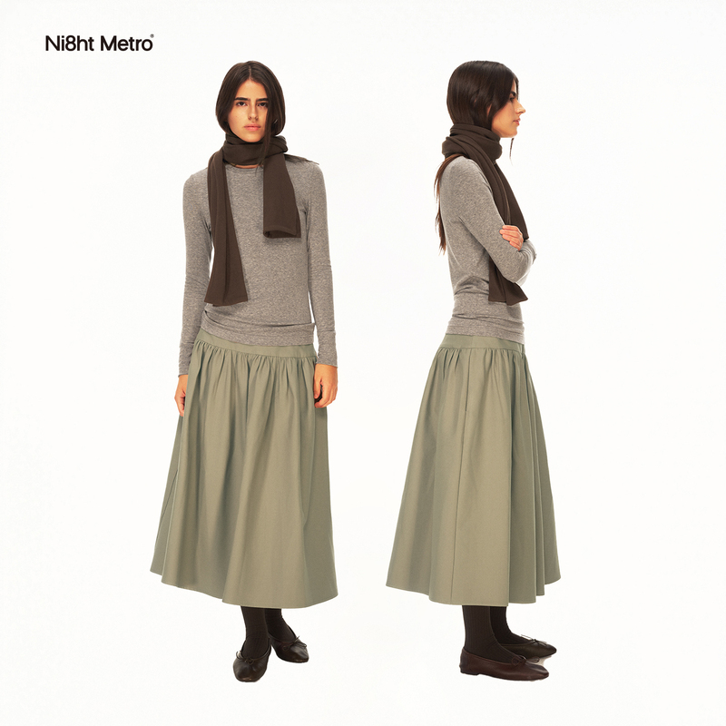 Ni8Htmetro Sage Green Mid-Waist Suit with Wide Waistband, Mid-Length Puffy Skirt, Half-Length Skirt