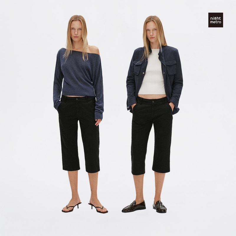 Ni8Htmetro Mid-Low Waist Retro Light Washed Capri Workwear Cropped Pants Ni8Htmetro Mid-Low Waist Retro Light Washed Capri Workwear Cropped Pants
