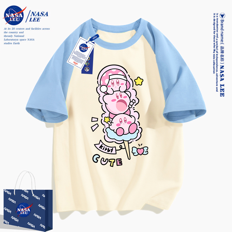 Nasa Co-Branded Kirby Raglan Short-Sleeve T-Shirt for Women, Pure Cotton, Hong Kong Style Cartoon Design, Cute and Versatile Top