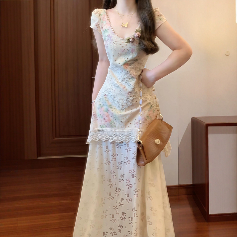 French-Style Hollow-Out Faux Two-Piece Floral Dress for Women, Summer Plus Size, Vacation Style, Unique and Beautiful Waist-Cinching Long Dress
