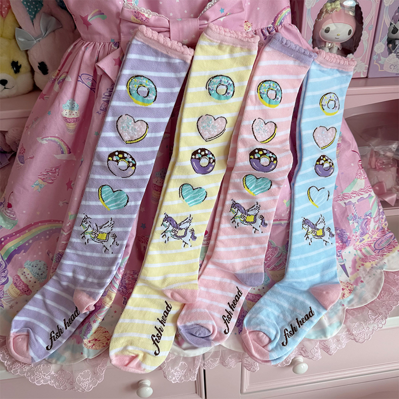 Original Fantasy Donut Over-The-Knee Socks Lolita Sweet Style Reversible Cotton Socks Unicorn Donut Print Socks Original Fantasy Donut Over-The-Knee Socks Lolita Sweet Style Reversible Cotton Socks Unicorn Donut Print Socks