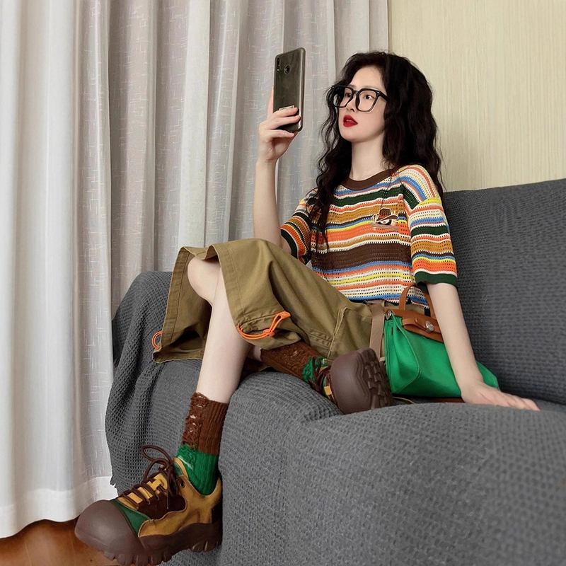 Summer Ootd Korean Dopamine Style Outfit Knitted Hollow Striped Top Half-Length Workwear Skirt Plus Size Set for Women Summer Ootd Korean Dopamine Style Outfit Knitted Hollow Striped Top Half-Length Workwear Skirt Plus Size Set for Women