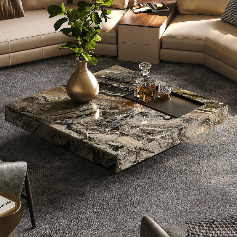 Imported Venetian Brown Natural Luxury Stone Coffee Table for Living Room, Italian Light Luxury High-End Square Marble Coffee Table Imported Venetian Brown Natural Luxury Stone Coffee Table for Living Room, Italian Light Luxury High-End Square Marble Coffee Table