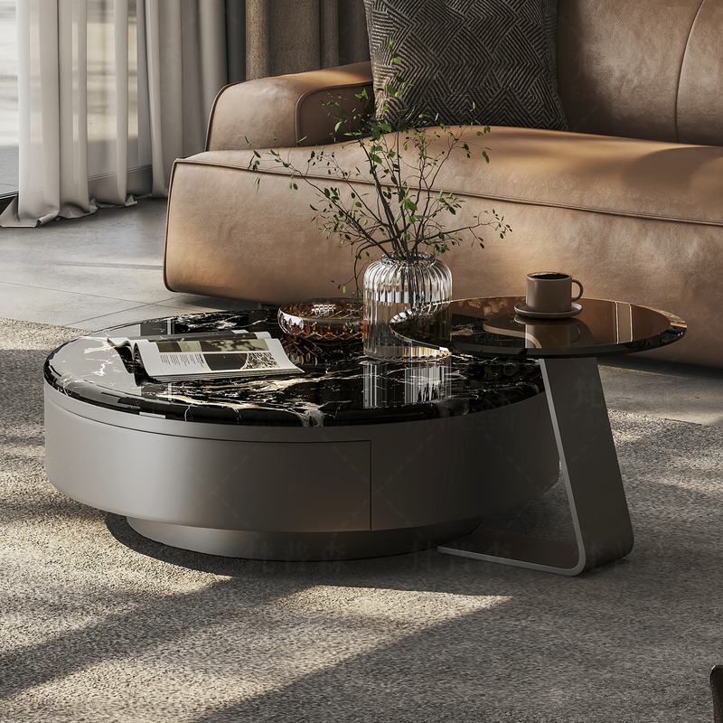 Natural Black Rose Luxury Stone Coffee Table for Living Room, Italian Minimalist Marble Round Coffee Table, 2026 New High-End Model