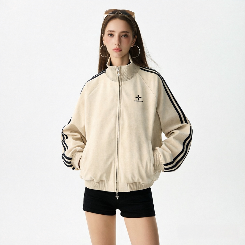 Litchi Pattern Three-Stripe Color-Blocking American Retro Pu Leather Short Jacket Unisex Autumn Stand-Collar Jacket