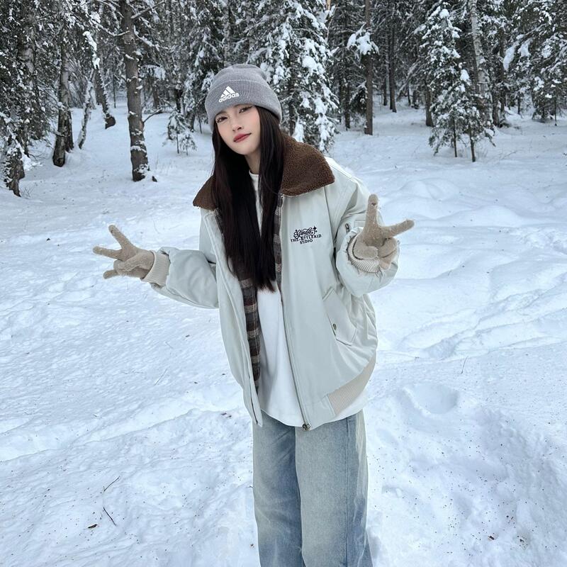 American Retro Style Double-Sided Lambswool Lapel Cotton Workwear Jacket for Women, Winter 2025 New Loose Cotton Coat Trend