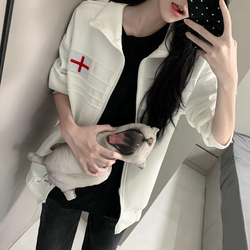 American High Street Style England Pleated Embroidered Cardigan Sweatshirt for Women, Spring and Autumn, White, Loose, Casual, Versatile Zip-Up Jacket American High Street Style England Pleated Embroidered Cardigan Sweatshirt for Women, Spring and Autumn, White, Loose, Casual, Versatile Zip-Up Jacket