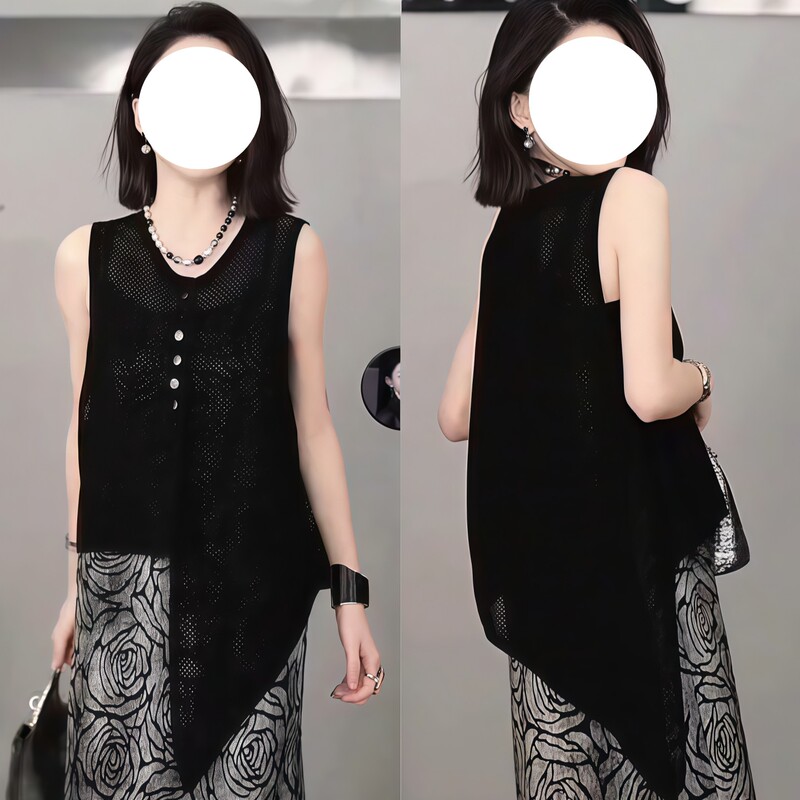 Outerwear Round-Neck Hollow-Out Vest for Women, Asymmetrical Cut, High-End and Elegant Tank Top, 2026 New Summer Sleeveless Top Outerwear Round-Neck Hollow-Out Vest for Women, Asymmetrical Cut, High-End and Elegant Tank Top, 2026 New Summer Sleeveless Top