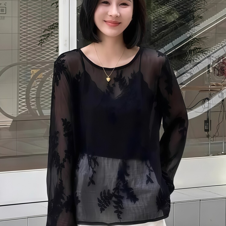 Black Lace Embroidered Long-Sleeved Sun Protection Blouse for Women 2026 New Summer Loose Slimming Thin See-Through Top Black Lace Embroidered Long-Sleeved Sun Protection Blouse for Women 2026 New Summer Loose Slimming Thin See-Through Top