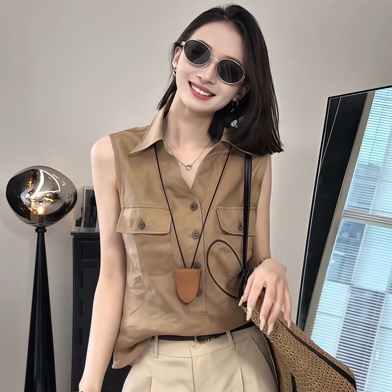 French Retro Polo Collar Sleeveless Linen Shirt for Women 2026 New Style Foreign Style High-End Outerwear Vest Top Summer French Retro Polo Collar Sleeveless Linen Shirt for Women 2026 New Style Foreign Style High-End Outerwear Vest Top Summer