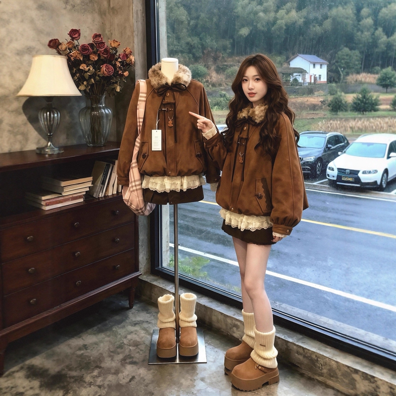 Winter Outfit: a Complete Set of Plus-Size Clothing for Fat Women, Including a Fur Collar Coat, Shirt, and Short Skirt, with a Unique and High-End Feel, Three-Piece Suit for Women