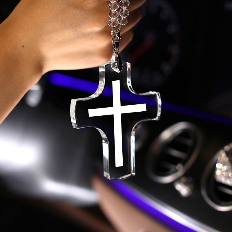 Cross in car hanging decoration 2021 mesh red bursting with crystal cross car rear mirror pendant in-car