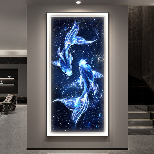 招财锦鲤玄关装饰画轻奢星空入户门挂画年年有鱼走廊过道带灯壁画