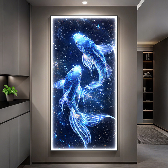 招财锦鲤玄关装饰画轻奢星空入户门挂画年年有鱼走廊过道带灯壁画