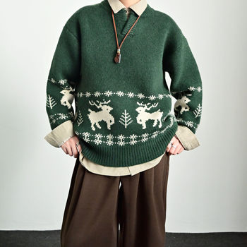 Vintage elk jacquard v-neck sweater knit Vintage elk jacquard v-neck sweater knit