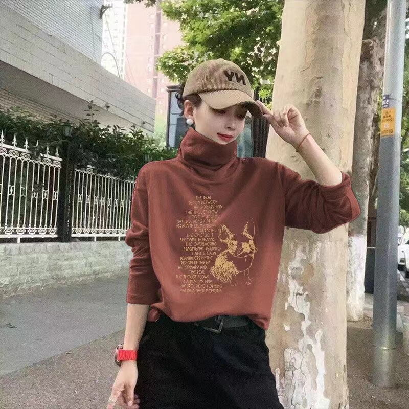 Classic Printed Letter Versatile Long-Sleeve Women's Turtleneck Loose Fashion Slimming Fleece-Lined Base Shirt for Women Trendy Classic Printed Letter Versatile Long-Sleeve Women's Turtleneck Loose Fashion Slimming Fleece-Lined Base Shirt for Women Trendy