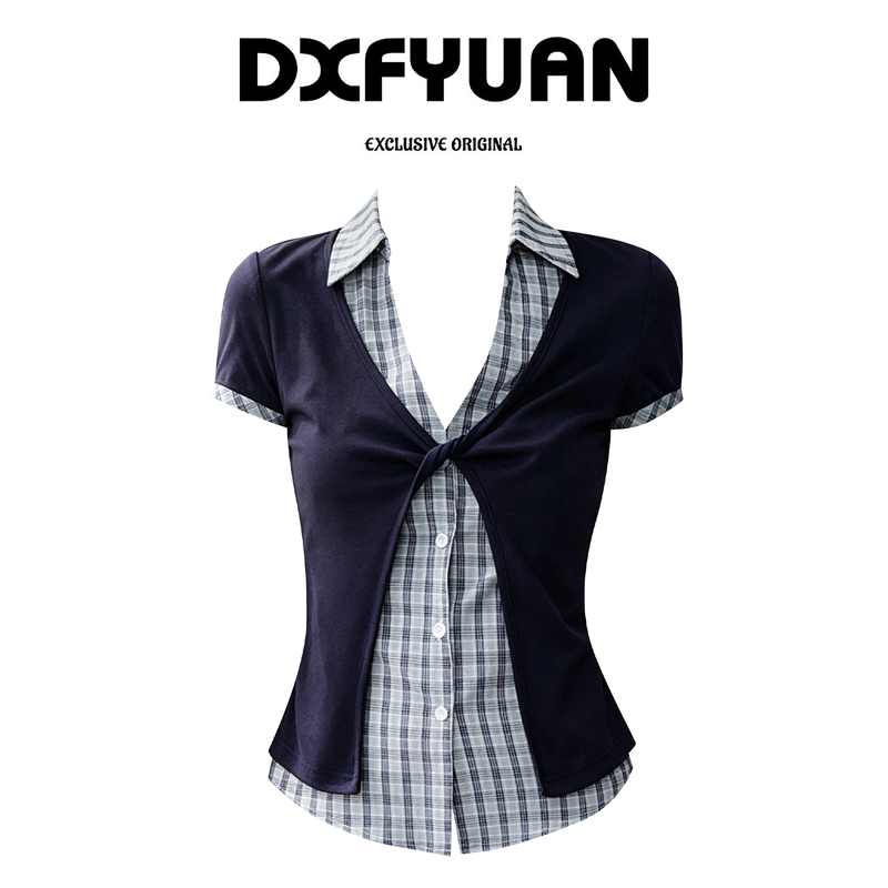 Korean Style Fake Two-Piece Short-Sleeved Plaid Shirt for Women, Summer College Style, Regular Shoulder Shirt, Slim Fit, Miu Style Top