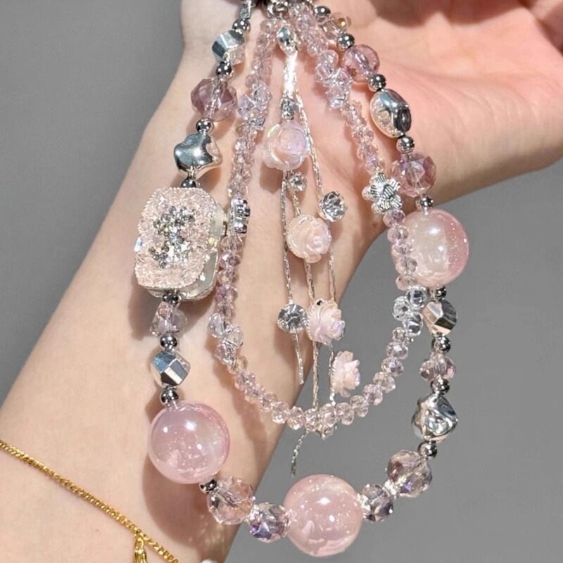 【Fortune Rose】Pink Rose Tassel Double-Layer Money Bag Phone Chain High-End Accessory Bag Charm with a Sense of Design