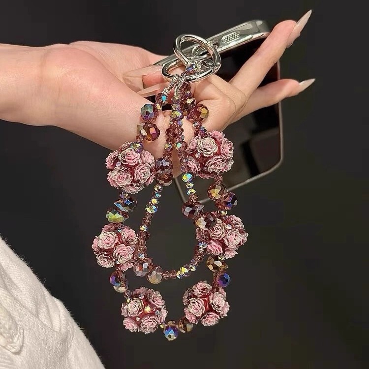 Light Luxury and High-End Mobile Phone Chain with Light-Changing Rose Flower Design, Mobile Phone Lanyard, 2025 Wrist Short Strap Pendant for Women