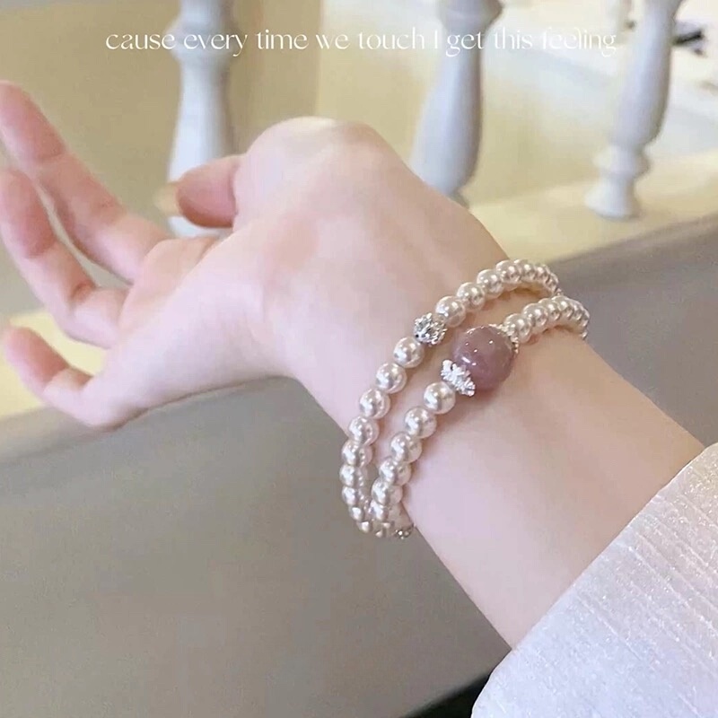 New Chinese-Style Pink Imitation Pearl Double-Layer Bracelet with Vintage Diamond Beads, Elegant Stackable Bracelet, High-End Niche Jewelry